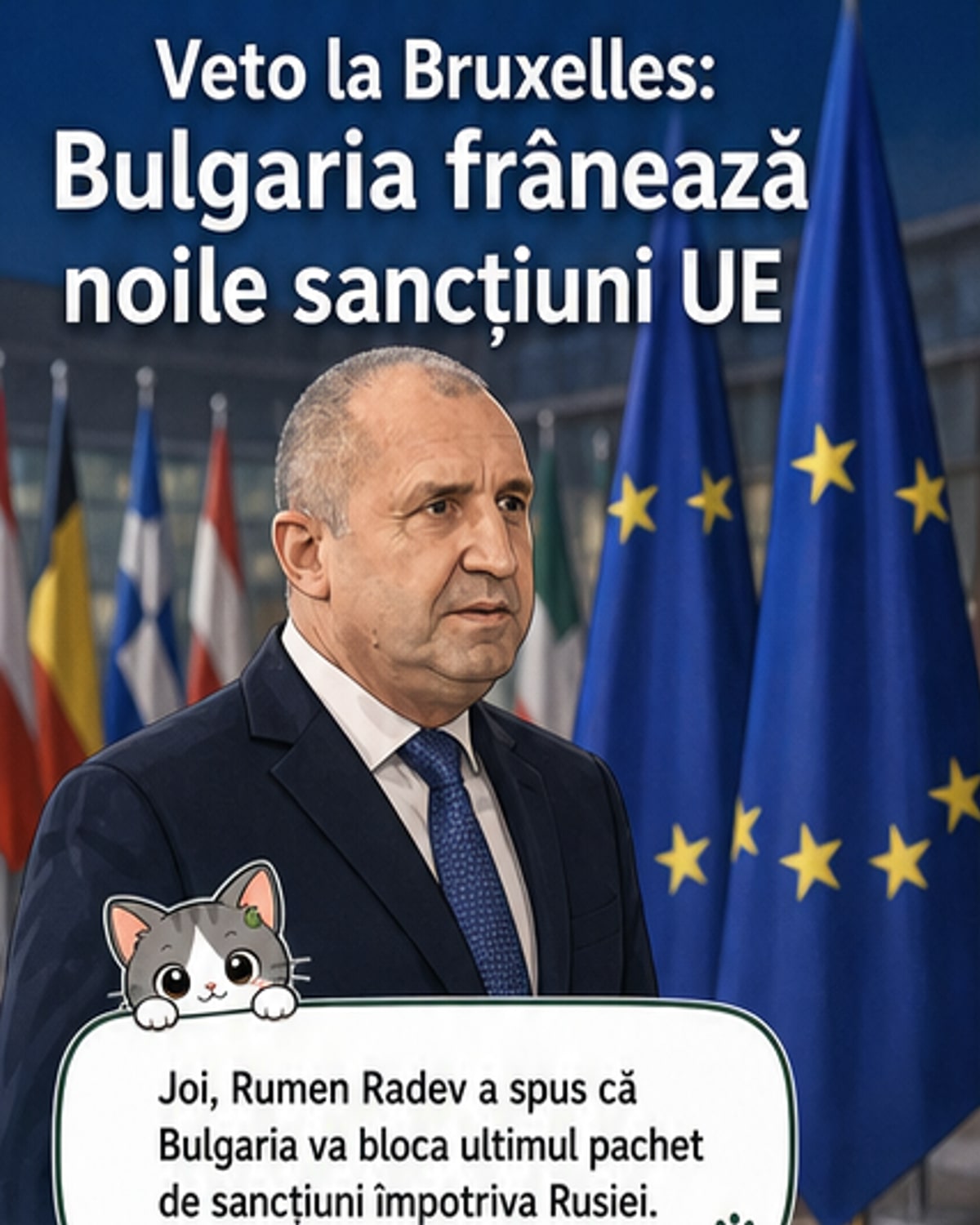 Ilustrație cu premierul Bulgariei, Rumen Radev, stând în fața unui zid simbolic marcat „Sancțiuni UE”, cu mâinile ridicate în semn de opoziție, în timp ce steaguri ale UE și Rusiei se confruntă în fundal.