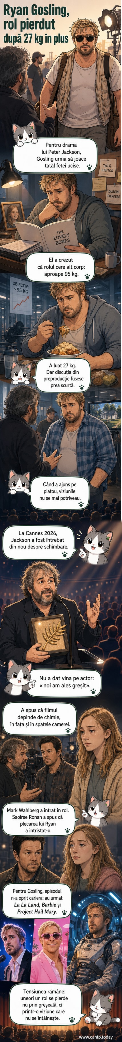 Ryan Gosling stă pe un scaun de film, cu o expresie ironică, în fața unui regizor cu megafon. În fundal, un banner cu titlul „The Lovely Bones”. Text: „Eram gras și șomer.”