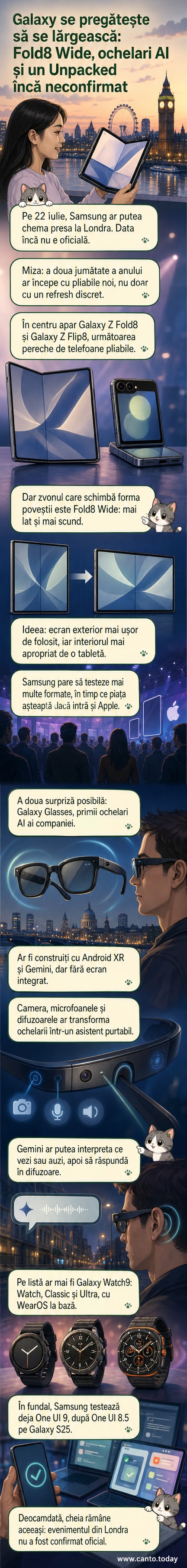 Ilustrație cu noii membri ai familiei Samsung Galaxy: Galaxy Z Fold8, Galaxy Z Flip8, Galaxy Glasses și Galaxy Watch9, într-un cadru de lansare tehnologică.
