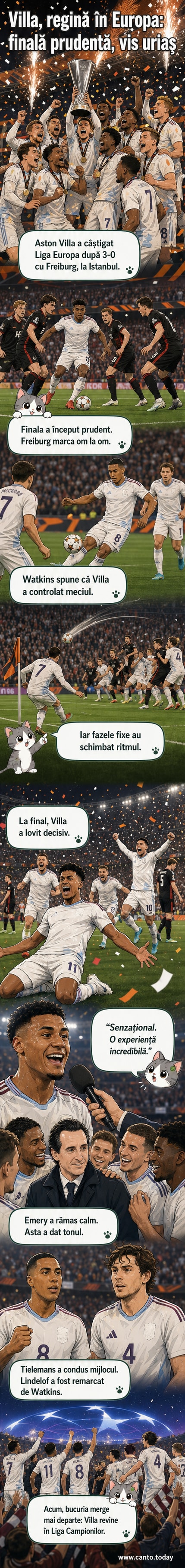 Jucătorii de la Aston Villa celebrând victoria în Liga Europa, înconjurând trofeul sub lumina stadioanei din Istanbul.