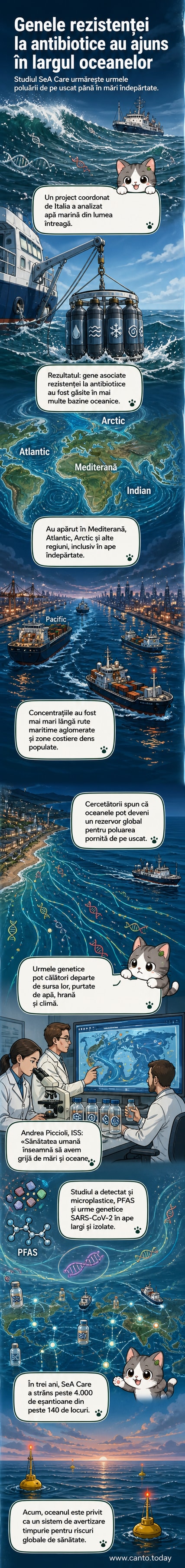 Ilustrație a unui ocean cu particule microscopice vizibile, reprezentând gene de rezistență la antibiotice, microplastice și chimicale, distribuite în diferite zone ale globului.