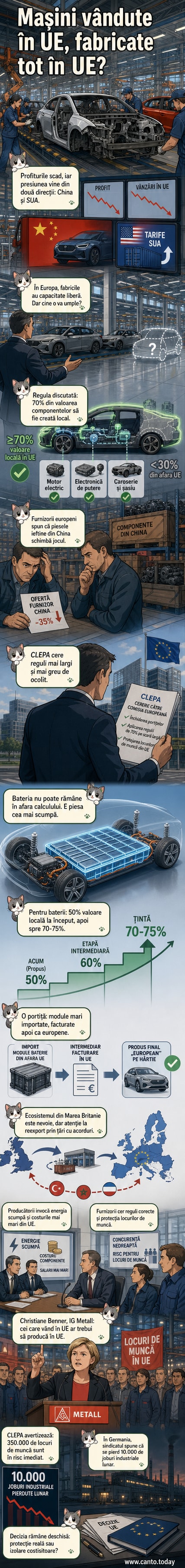 Ilustrație cu o linie de asamblare de mașini în Europa, cu etichete pentru componente locale și importate, și un grafic care arată scăderea ponderii producției europene în valoarea finală a autoturismelor.