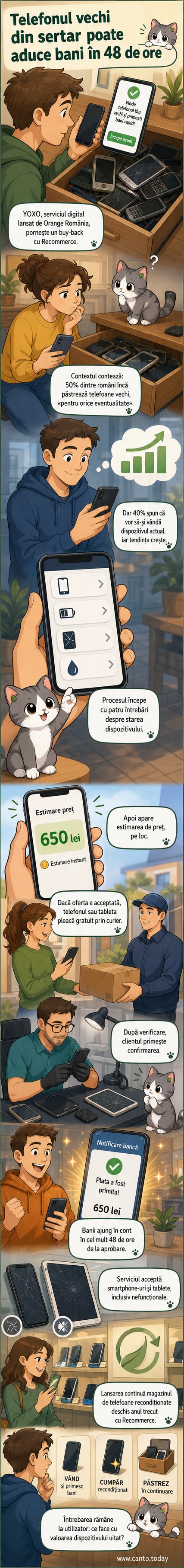 Ilustrație cu un telefon vechi transformat în bani, cu logo-urile YOXO și Recommerce în fundal, simbolizând programul de buy-back pentru dispozitive electronice în România.