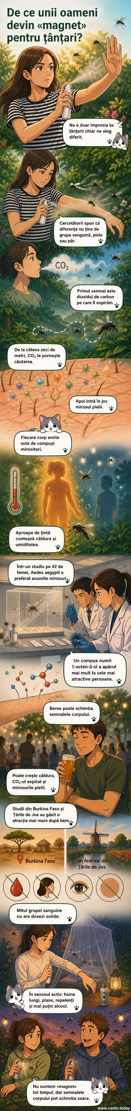 Ilustrație care arată cum țânțarii detectează oamenii prin dioxid de carbon, miros și căldură, cu compuși chimici vizibili în aer.
