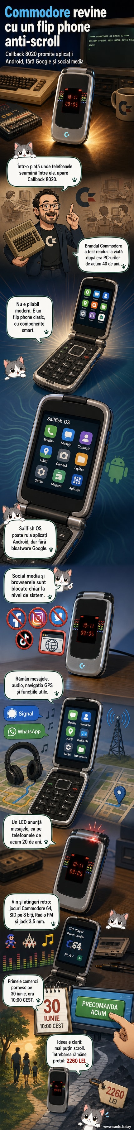 Ilustrație a unui telefon flip retro cu ecran color și LED, în stil anii 2000, dar cu interfață modernă și blocare vizuală a aplicațiilor de social media.
