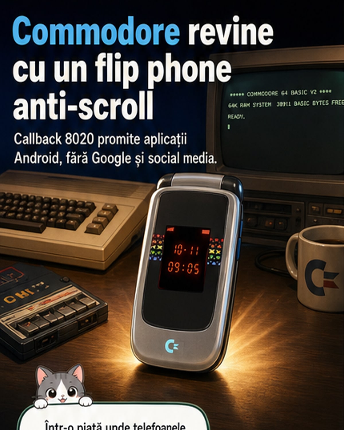 Ilustrație a unui telefon flip retro cu ecran color și LED, în stil anii 2000, dar cu interfață modernă și blocare vizuală a aplicațiilor de social media.