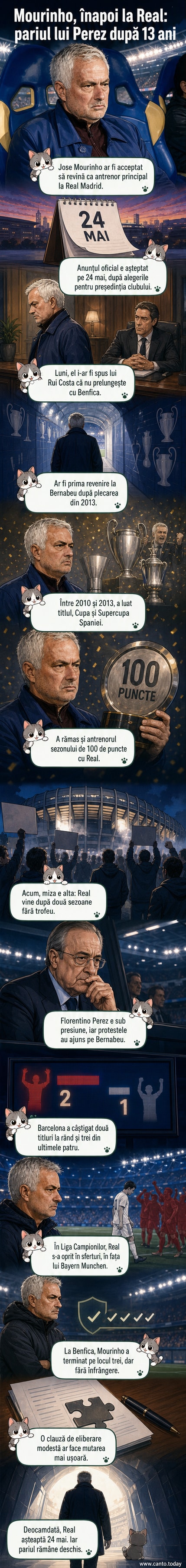 Portret al lui Jose Mourinho în fața stadionului Santiago Bernabeu, cu tricoul Real Madrid în mână, sugerând revenirea sa.