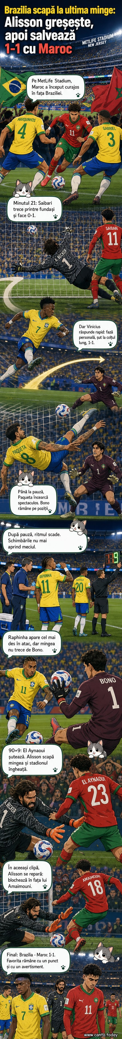Portarul Alisson al Braziliei se întinde pentru a face o salvare dramatică în ultimele secunde ale unui meci împotriva Marocului, într-un stadion plin.