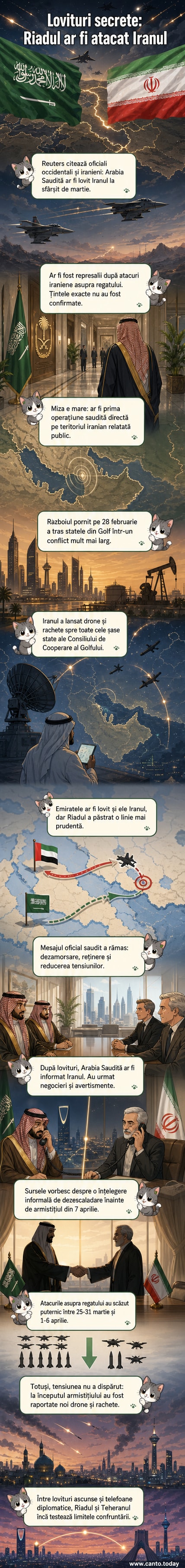 Ilustrație a unui avion de luptă al Forțelor Aeriene Saudite zburând deasupra unui peisaj de deșert, cu siluetele unui oraș iranian în fundal, sub un cer nocturn cu stele.