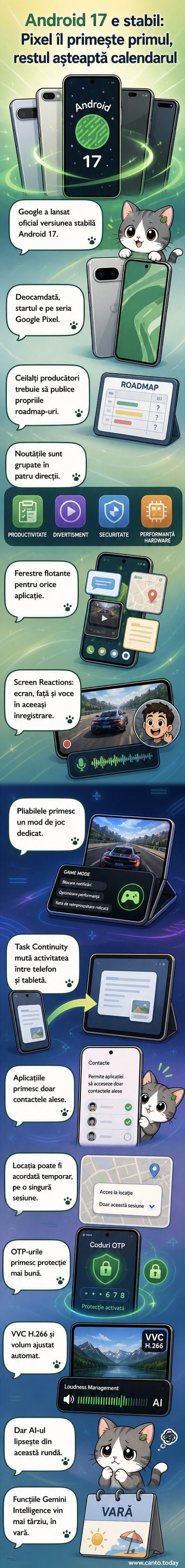 Ilustrație cu un telefon Pixel care primește actualizarea Android 17, cu ferestre flotante, indicatori de confidențialitate și un stilou digital extrăgând o culoare de pe ecran.