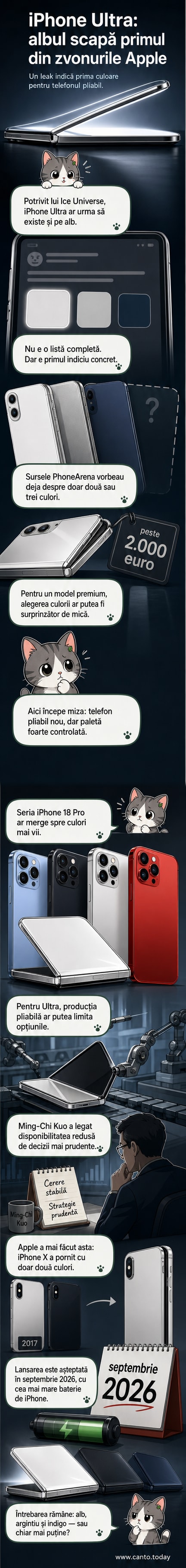 Ilustrație a unui iPhone pliabil în variantă albă, pe un fundal cu detaliu de design minimal, cu indicații despre lansare în septembrie 2026