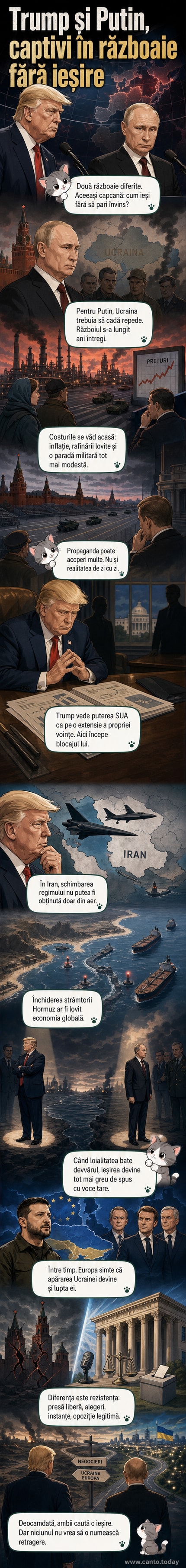 Ilustrație cu Putin și Trump stând pe o insulă izolată, înconjurați de foc și drone, cu hărți ale Ucrainei și Iranului în fundal.