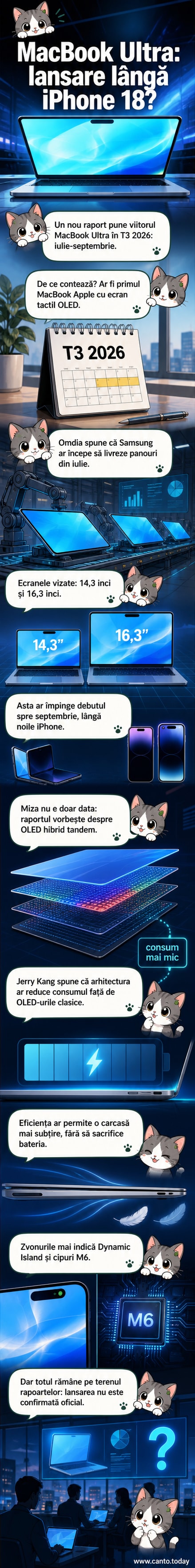 Ilustrație stilizată a unui MacBook cu ecran tactil și Dynamic Island, alături de un iPhone nou, într-un cadru minimalist.
