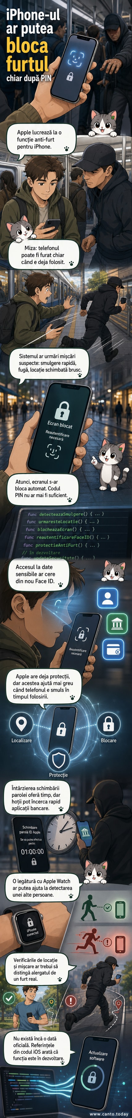 Ilustrație cu un iPhone care se blochează automat în timp ce este smuls din mână, cu un indicator de alertă anti-furt activat.