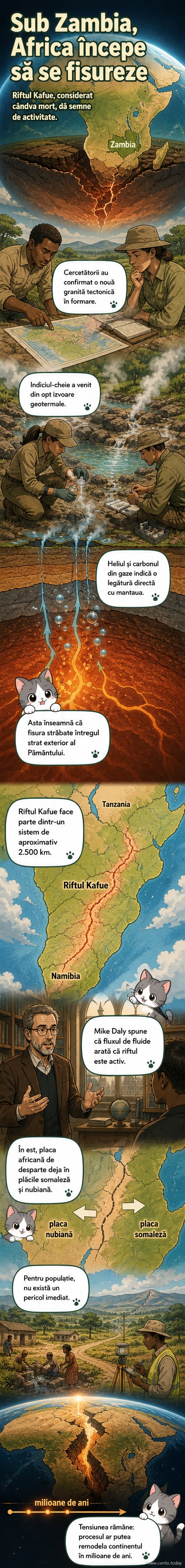 Ilustrație a Riftului Kafue sub Zambia, cu o secțiune transversală care arată fisura care ajunge până la mantaua Pământului și emite gaze cu izotopi specifici.