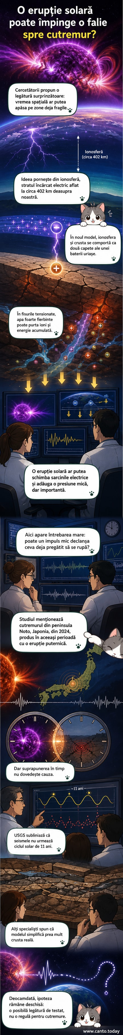 Ilustrare webtoon care arată o erupție solară, fluxul de particule încărcate spre Pământ, și cum acestea interacționează cu ionosfera și falia tectonică din scoarță.