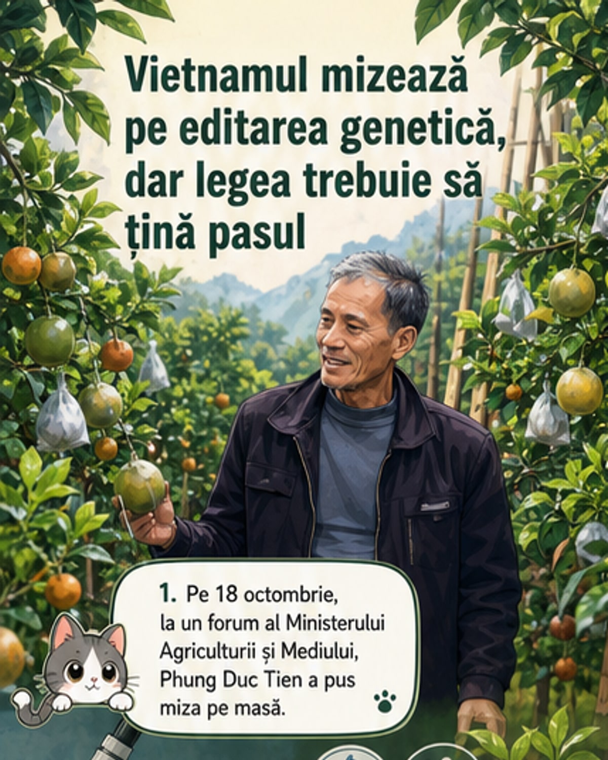 Ilustrație reprezentând un cercetător analizând ADN-ul unei plante într-un laborator modern, cu simboluri ale editării genetice și ale agriculturii durabile în fundal.
