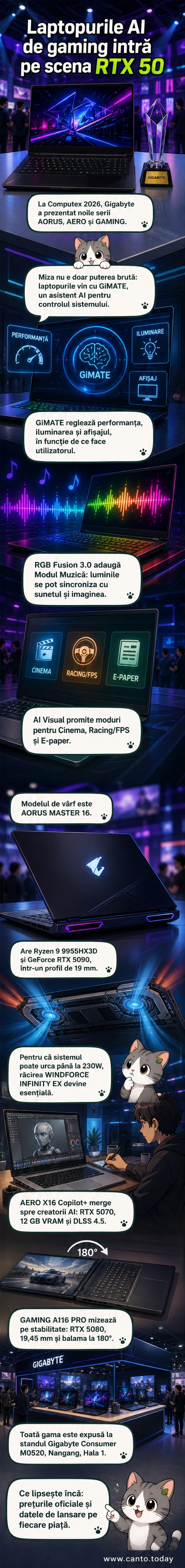Imaginea de copertă arată cele trei modele noi de laptopuri Gigabyte: AORUS MASTER 16, AERO X16 și GAMING A16 PRO, expuse pe un fundal de expoziție cu logo-ul Computex 2026 și lumini RGB dinamice.