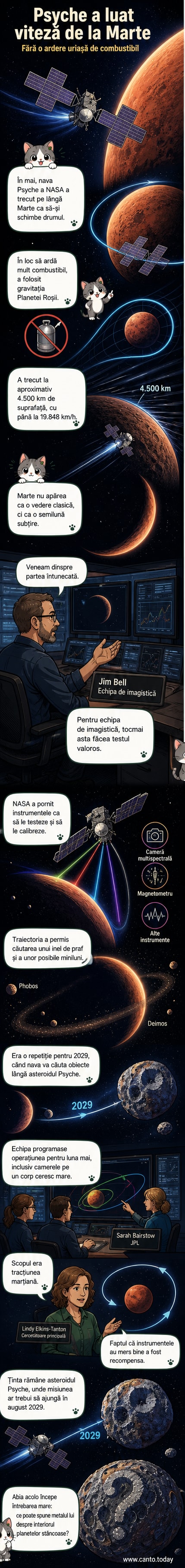 Ilustrare NASA a navei spațiale Psyche trecând pe lângă Marte, cu planeta în fundal ca o semilună subțire, în timp ce panourile solare captează lumina soarelui.