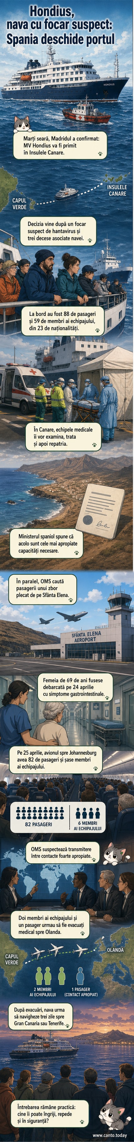 Ilustrație a navei MV Hondius în largul unui ocean, cu un simbol medical roșu de alertă deasupra ei, înconjurată de insule vulcanice. Pe fundal, un avion zboară spre un oraș sud-african.