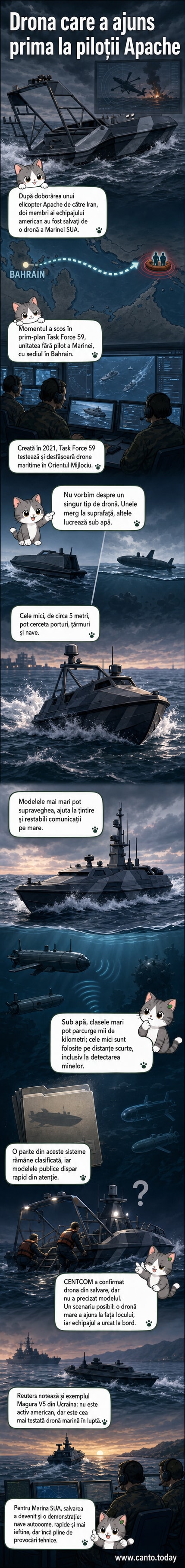 O dronă maritimă a Marinei SUA navighează în apele din Orientul Mijlociu, în timp ce doi piloți supraviețuitori sunt văzuți pe suprafață după doborârea unui Apache; ilustrare stilizată cu detalii tehnologice.