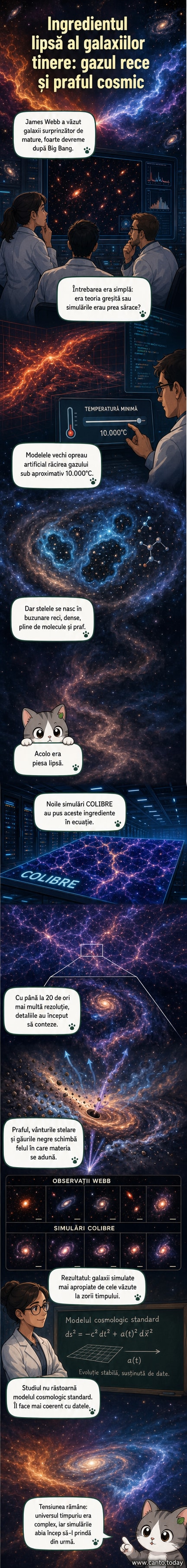 Ilustrație științifică a unei galaxii timpurii cu nori de gaz rece și praf cosmic, alături de o reprezentare vizuală a simulării COLIBRE comparată cu datele telescopului James Webb.