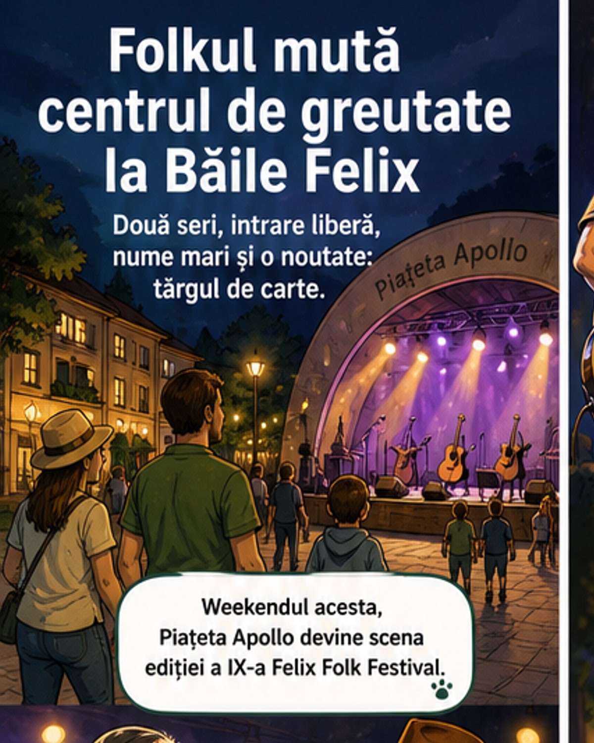 Poster cu artiști de folk pe scenă, într-un spațiu deschis din Băile Felix, cu titlul Felix Folk Festival 2026