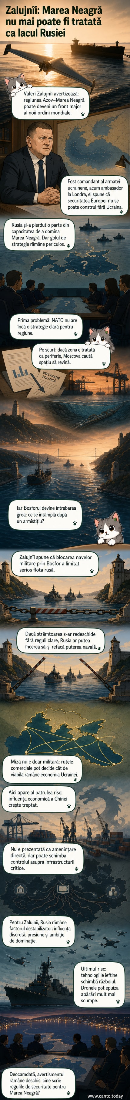Ilustrație strategică a regiunii Mării Negre, cu nave militare, coridoare maritime și puncte de tensiune geopolitică marcate.