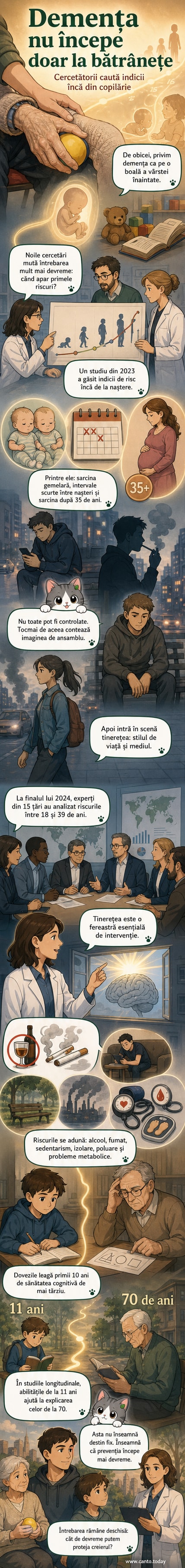 Ilustrație care arată dezvoltarea creierului de la naștere până în vârstă înaintată, cu factori de risc marcați de-a lungul timpului.