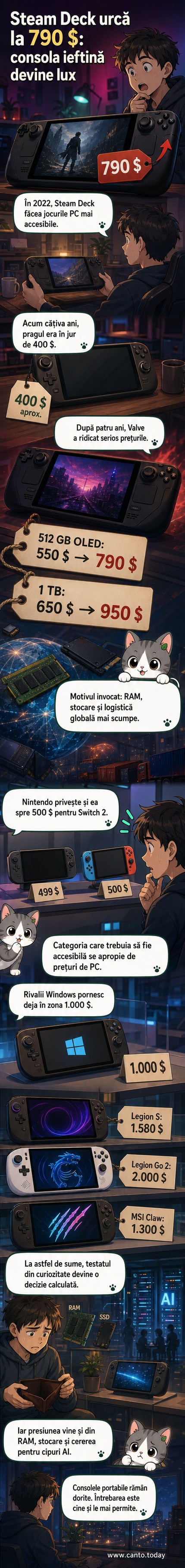 O imagine care compară prețurile actuale ale consolelor portabile cu cele de la lansare, evidențiind creșterea semnificativă pentru Steam Deck, Nintendo Switch 2 și Lenovo Legion Go
