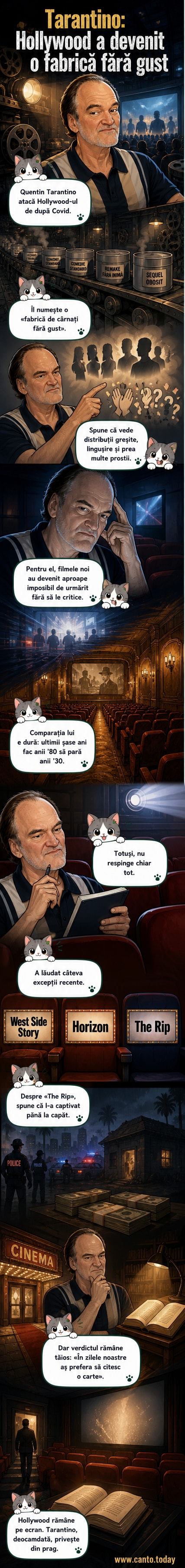 Portret stilizat al lui Quentin Tarantino vorbind la o cameră de filmat, în fundal un studio de film cu panouri care spun 'Hollywood', cu o expresie de dezgust.