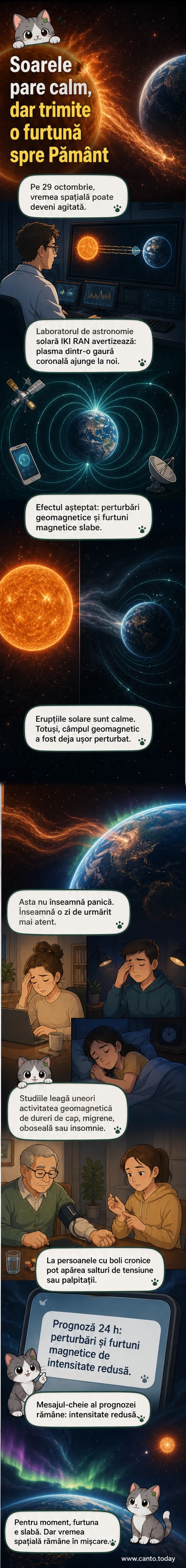 Ilustrație cu Soarele emițând plasmă dintr-o gaură coronală, cu Pământul în fundal, afectat de linii de forță magnetice perturbate.