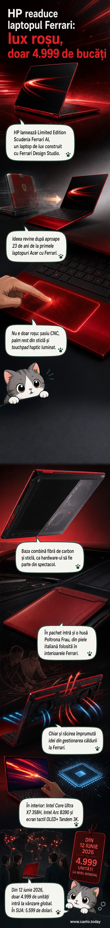 Laptop HP cu design roșu intens, finisaj în Rosso Magma, cu logo-ul Ferrari, pe o suprafață minimalistă.
