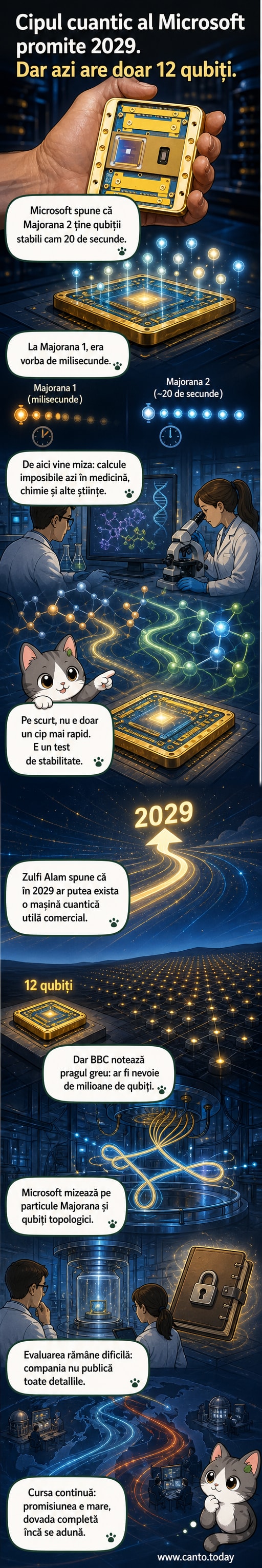 Ilustrație a unui cip cuantic Microsoft Majorana 2, cu linii de conexiune și particule exotice reprezentate într-un spațiu criogenic, pe fundal al unui laborator high-tech.