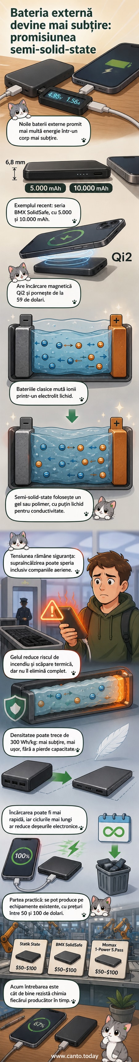 Ilustrație care compară structura unei baterii litiu-ion clasice cu una semi-solid-state, evidențiind electrolitul gelificat și dimensiunile reduse