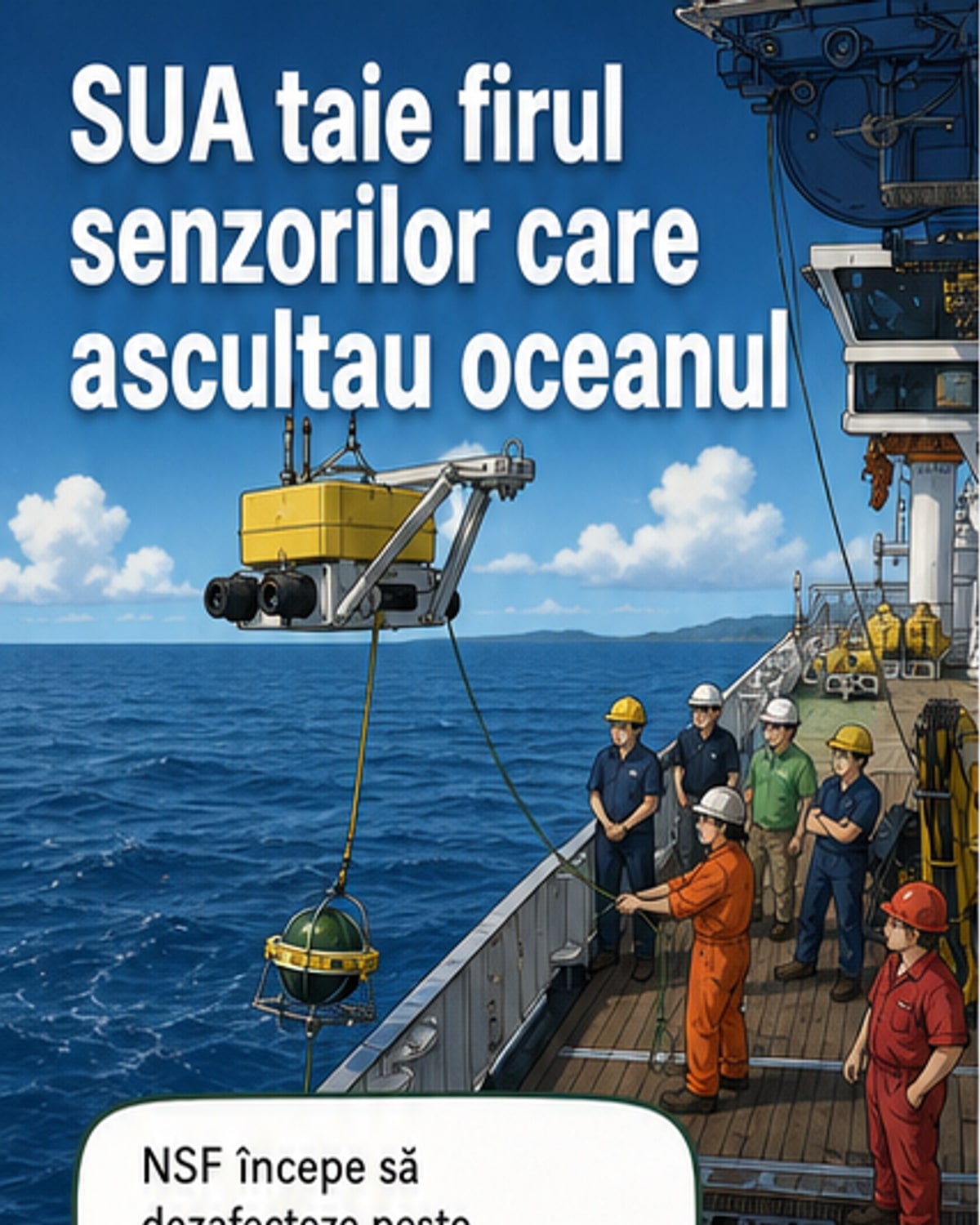 Ilustrare webtoon care arată senzori submarini în adâncul oceanului, cu linii de date care se întrerup, într-un context de monitorizare climatică.