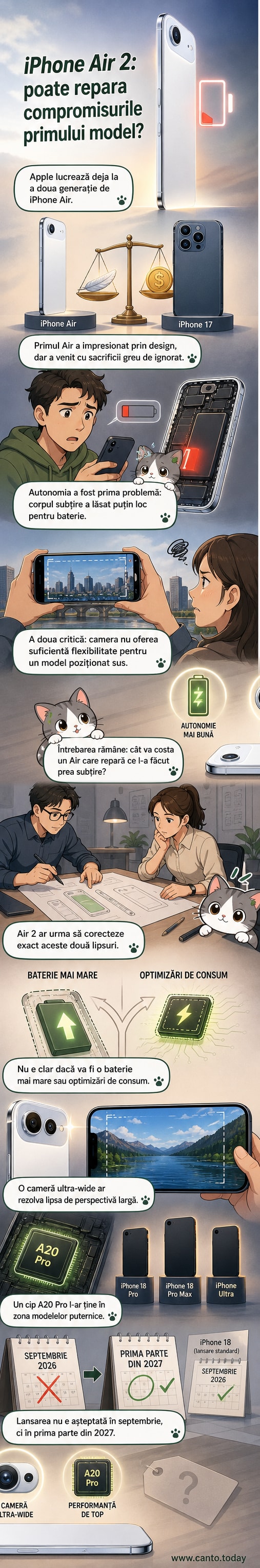 Ilustrație care compară designul subțire al iPhone Air 1 cu noile funcționalități ale iPhone Air 2: baterie mai durabilă, cameră ultra-wide și cip A20 Pro.