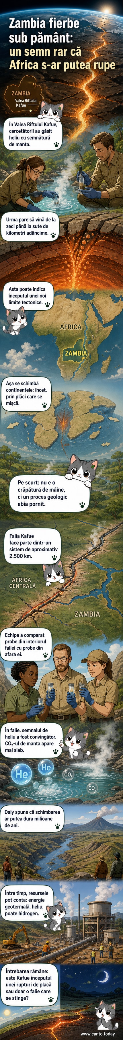 Hartă ilustrată a Zambiei cu marcajul faliei Kafue și izvoare termale care emană heliu, cu o reprezentare schematică a mantalei terestre.