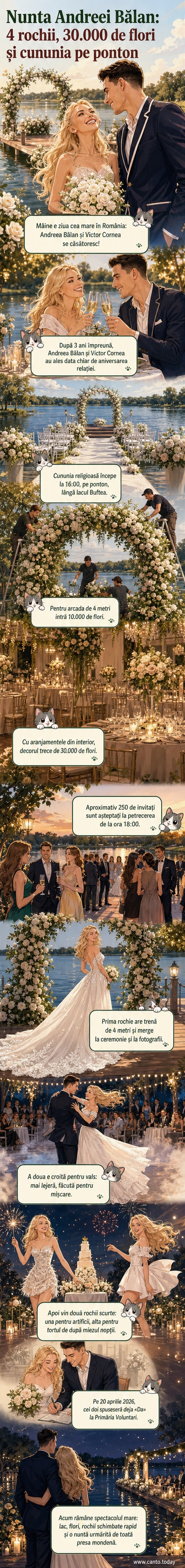 Ilustrație webtoon cu Andreea Bălan în patru rochii diferite, pe un fundal de ponton, lac și decor floral luxos.