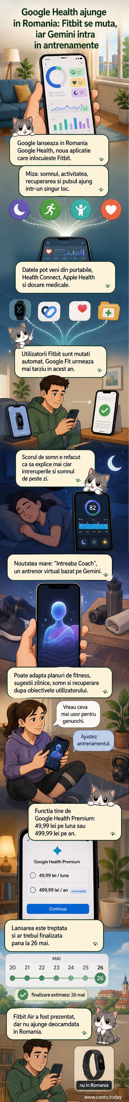 Ilustrație cu un telefon care afișează aplicația Google Health, cu date despre somn, activitate și puls, alături de un utilizator care vorbește cu un asistent AI în limba română.