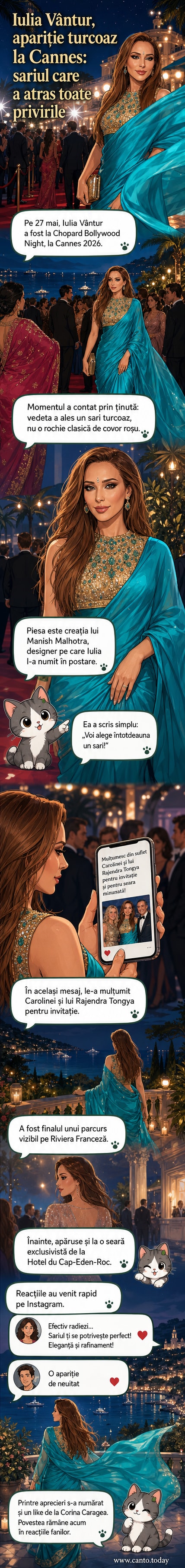 Iulia Vântur într-un sari turcoaz strălucitor la evenimentul Chopard Bollywood Night de la Cannes 2026, înconjurată de lumini și atmosferă festivă.