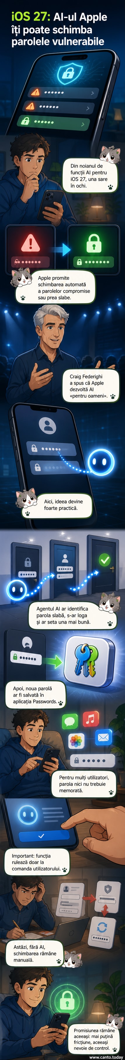 Ilustrație cu un telefon iPhone care emite o lumină albastră de securitate, înconjurat de parole care se transformă din simboluri slabe în coduri complexe.