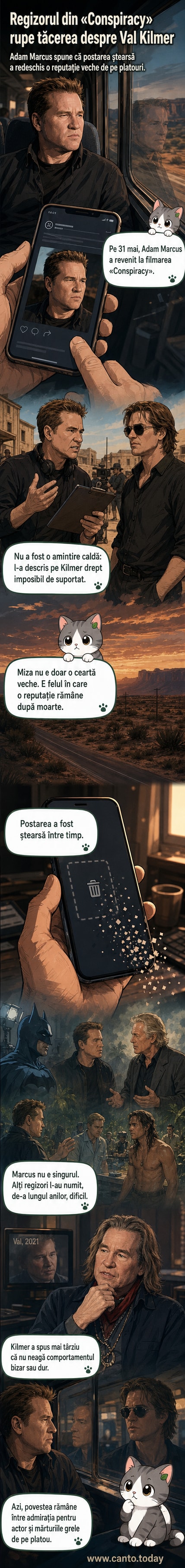 Imagine stilizată cu un regizor ținând un clapboard, cu o expresie de frustrare, în timp ce pe un ecran din fundal apare imaginea lui Val Kilmer
