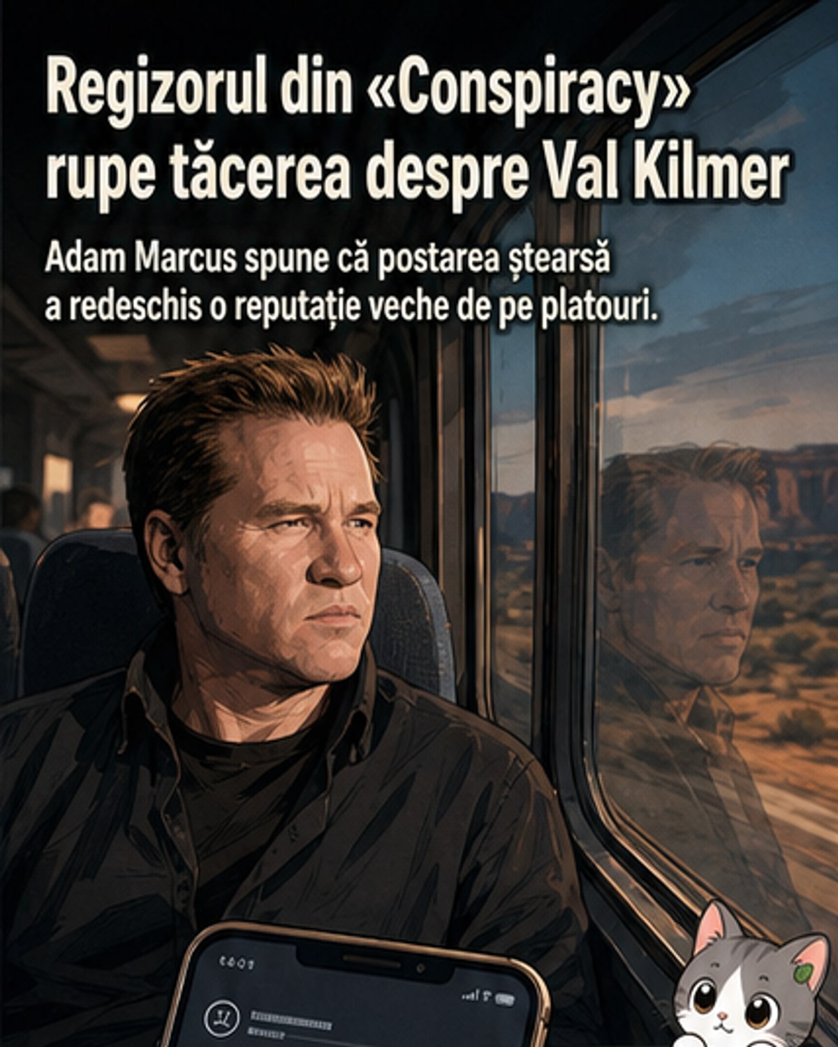 Imagine stilizată cu un regizor ținând un clapboard, cu o expresie de frustrare, în timp ce pe un ecran din fundal apare imaginea lui Val Kilmer