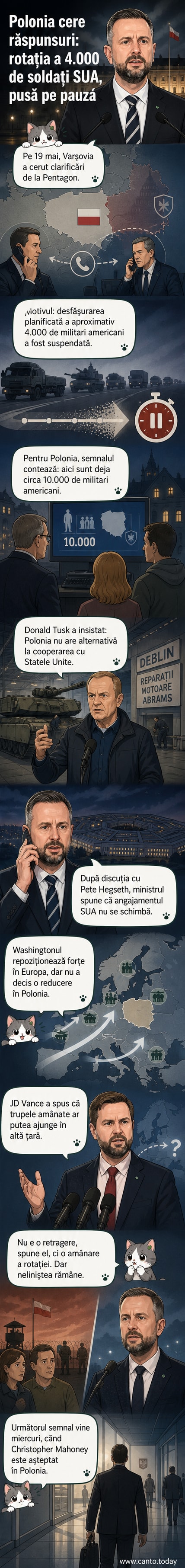 Ilustrație cu un ofițer polonez și unul american vorbind lângă harta Europei, cu simboluri militare SUA-NATO în fundal.