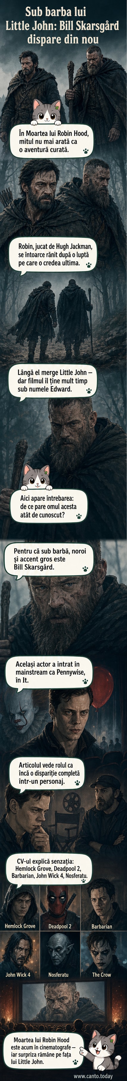 Bill Skarsgård în rolul lui Micul John din filmul Moartea lui Robin Hood, acoperit de barbă și sânge, stând lângă Hugh Jackman