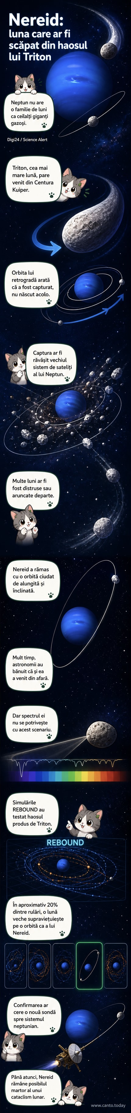 Ilustrație cosmică care arată Nereid supraviețuind haosului orbital declanșat de intrarea lui Triton în sistemul lui Neptun.