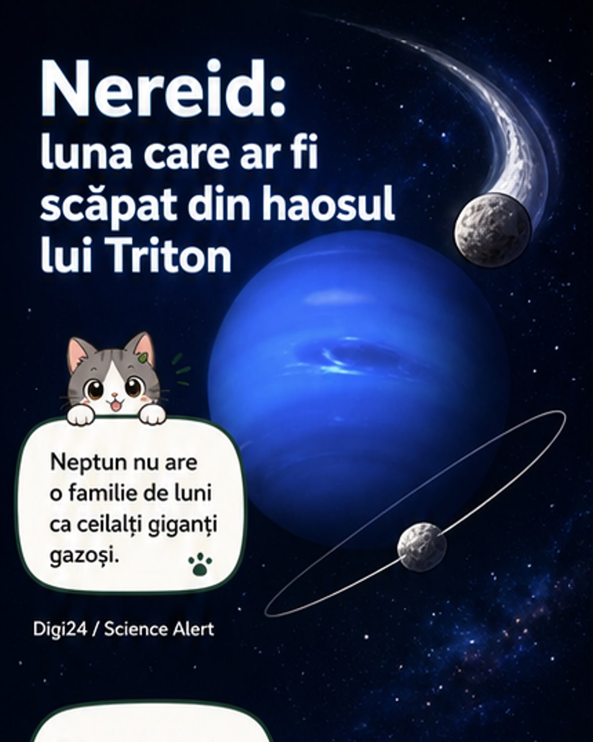 Ilustrație cosmică care arată Nereid supraviețuind haosului orbital declanșat de intrarea lui Triton în sistemul lui Neptun.