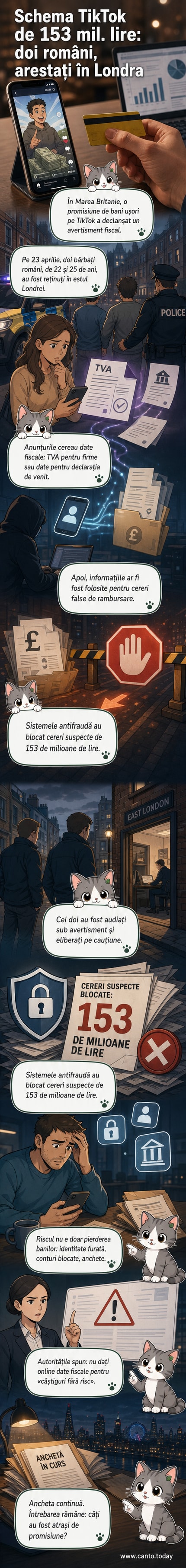 Două siluete românești în fața unui ecran de telefon cu logo-ul TikTok, într-un decor urban londonez, simbolizând o schemă de escrocherie digitală care a implicat 153 de milioane de lire sterline.