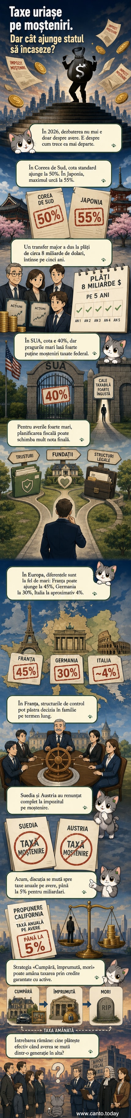 Infografic care compară cotele de impozit pe moștenire în diferite țări, cu accent pe Japonia, Coreea de Sud, SUA și Franța, și exemple de strategii de evitare fiscală.